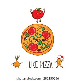 Pizza and funny vegetables. Sign, symbol for pizzeria. Vector.