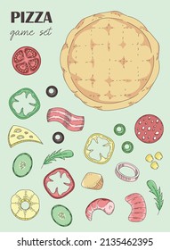 Pizza game set for children to play or to learn a foreign language. Pizza, tomato, olive, paprika, salami, corn, beckon, cucumber, onion, shrimp