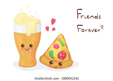 Pizza & Glass of Beer Kawaii Characters isolated on white background. Fast food vector cartoon illustration. Funny, smiling & happy Friends Forever concept. Use in menu, shop, bar, card, stickers.