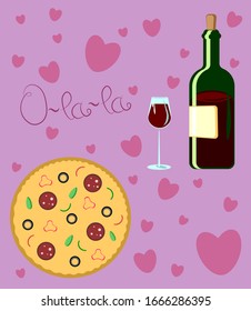 Pizza with glass of red wine and bottle.Vector illustration for banner, card or poster.