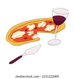 Pizza with glass of red wine. Vector eps 10 illustration on white bacground
