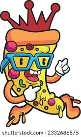 Pizza with glasses, crown. Logo comic style. Decoration for greeting cards, patches, prints, emblems. Modern flat style thin line vector illustration isolated on white background.