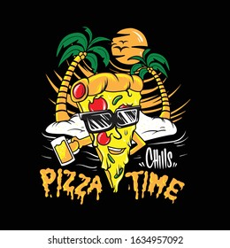 Pizza with glasses. Logo comic style with contour. Decoration for greeting cards, patches, prints for clothes, emblems. Modern flat style thin line vector illustration isolated on white background.