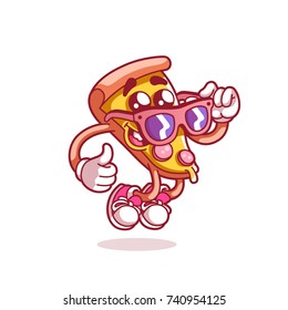 Pizza con gafas. Estilo de cómic con logotipo. Decoración para tarjetas de felicitación, carteles, estampados para ropa, emblemas. Ilustración vectorial de línea delgada de estilo plano moderno aislada en fondo blanco.