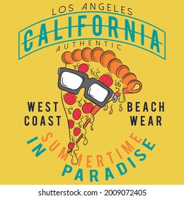 pizza with glasses and text with yellow background