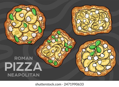 Pizza Gorgonzola with pear, walnuts, syringa sauce, truffle oil. Hand-drawn vector illustration