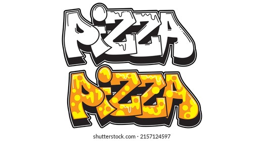 Pizza Graffiti decorative lettering. Free wild style on the wall. City urban illegal action by aerosol spray paint. Vandal, street art. Underground hip hop type vector illustration.