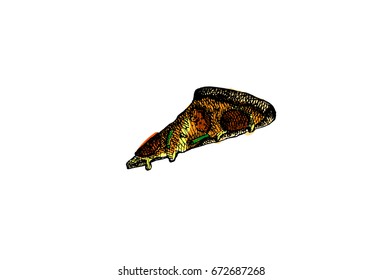 Pizza, graphic hand drawn illustration isolated on white background, fast food.