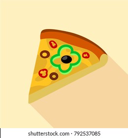 Pizza with green pepper and olives icon. Flat illustration of pizza with green pepper and olives vector icon for web