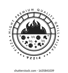 Pizza grill circle badge logo with hot brick oven and flame. Vector illustration.