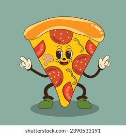 Pizza. Groovy fast food character in retro style. Food design. Italian food. Vector vintage illustration. Nostalgia for the 70s, 80s, 90s. Trendy retro psychedelic style. Y2k aesthetic.