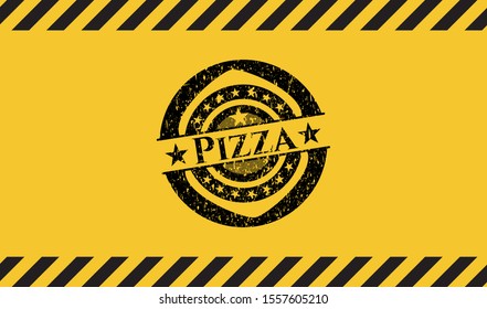 Pizza grunge black emblem with yellow background, warning sign. Vector Illustration. Detailed.