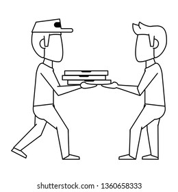Pizza guy delivering to customer in black and white