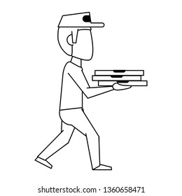 Pizza guy with delivery on hands in black and white