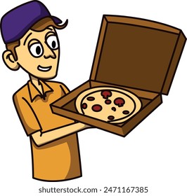 Pizza guy holding a box of pizza