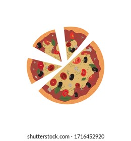 Pizza. Half and three slices. Isolated on a white background. Vector graphics.