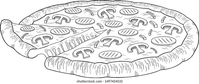Pizza (ham, mushroom) - black and white illustration/ drawing