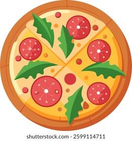 Pizza with ham and rocket salad isolate on  vector art illustration 