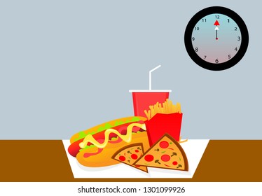 Pizza, hamburger, french fries and soft drinks Placed on the table at noon