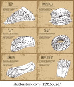 Pizza and hamburger sketches set. Mexican burrito and taco, chocolate donut dessert and french fries in package. Fast food dishes vector illustration