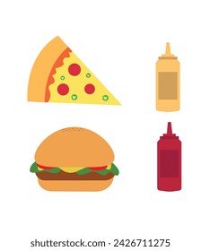 Pizza, Hamburger,Ketchup, mayonnaise hand drawing vector illustration