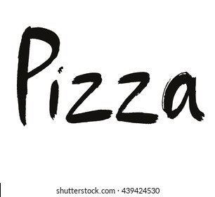 Pizza hand drawn calligraphy. Ink pizza lettering black on white. Pizza cafe logo. Fast food lettering. Meal calligraphy. Pizza word on black. Ink. Brush  inscriptions. Black on white italian food