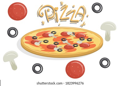 Pizza of hand drawn calligraphy. Pizza with mushrooms, salami sausage and olives isolated on a white background. Vector illustration in cartoon flat style.