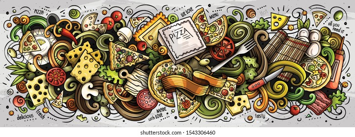 Pizza hand drawn cartoon doodles illustration. Pizzeria funny objects and elements design. Creative art background. Colorful vector banner