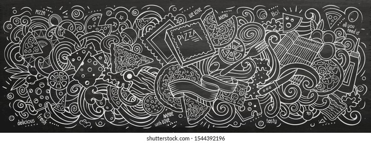 Pizza hand drawn cartoon doodles illustration. Pizzeria funny objects and elements design. Creative art background. Line art vector banner