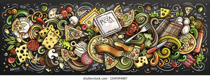 Pizza hand drawn cartoon doodles illustration. Pizzeria funny objects and elements design. Creative art background. Colorful vector banner