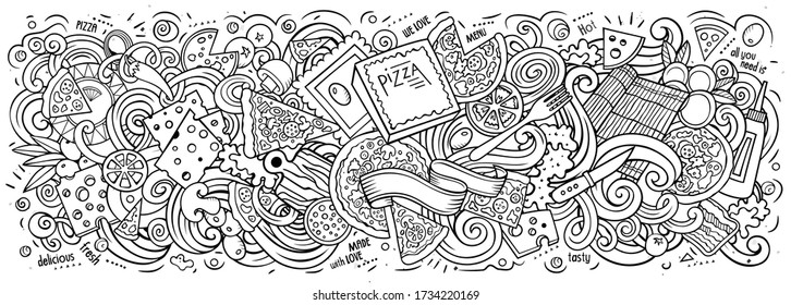 Pizza hand drawn cartoon doodles illustration. Pizzeria funny objects and elements design. Creative art background. Line art vector banner