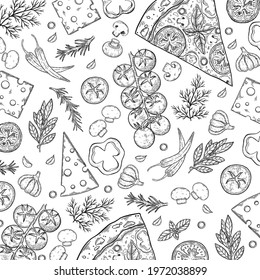 Pizza hand drawn cartoon doodles illustration. Pizzeria objects and elements design. Creative art background. Line art vector background