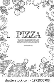 Pizza hand drawn cartoon doodles illustration. Pizzeria objects and elements design. Creative art background. Line art vector background