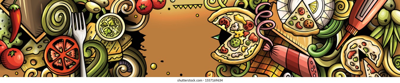 Pizza hand drawn doodle banner. Cartoon detailed flyer. Pizzeria identity with objects and symbols. Food illustrations. Color vector design elements background