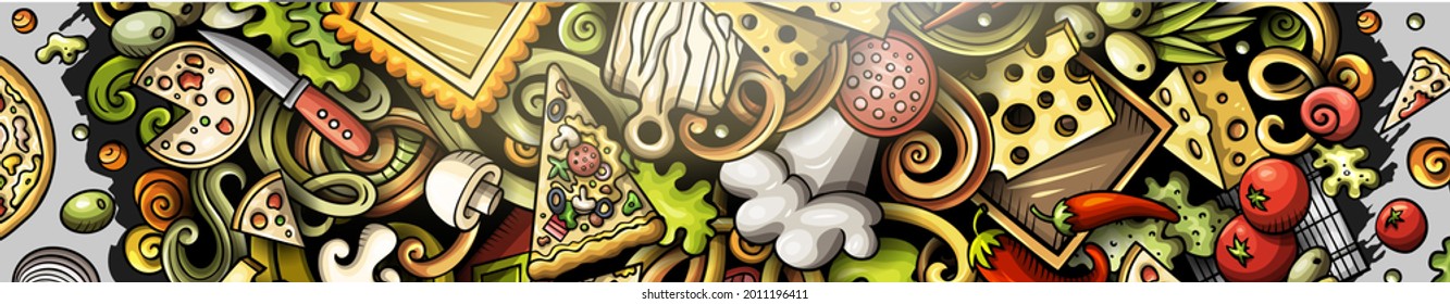 Pizza hand drawn doodle banner. Cartoon vector detailed flyer. Illustration with pizzeria objects and symbols. Colorful horizontal background