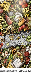 Pizza hand drawn doodle banner. Cartoon vector detailed flyer. Illustration with pizzeria objects and symbols. Colorful vertical background