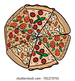 Pizza in hand drawn doodle style for pizzeria, menu and creative design. Vector illustration. Isolated on white background