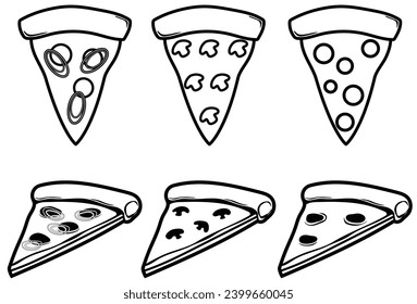 Pizza hand drawn doodle vector. slice pizza with mushroom,cheese and pepperoni. Cartoon sketch.