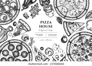 Diseño de ilustraciones dibujadas a mano con pizza. Antecedentes con bosquejo griego, margherita, pepperoni, verduras, jamón y setas y pizzas de marisco.