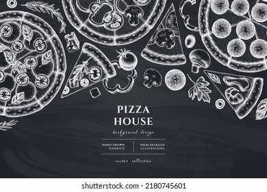 Pizza hand drawn illustration design. Background with chalk greek, margherita, pepperoni, veggie, ham and mushrooms and seafood pizzas.