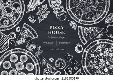 Pizza hand drawn illustration design. Background with chalk greek, margherita, pepperoni, veggie, ham and mushrooms and seafood pizzas.