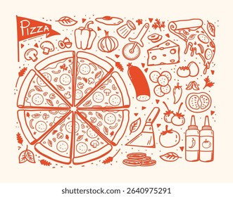 Pizza hand drawn illustration set, outlined style, pizza doodle illustration