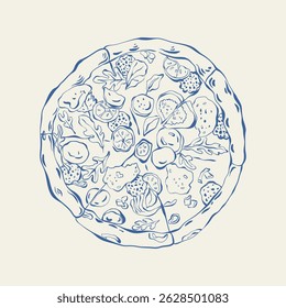 Pizza hand drawn ink sketch. Whole round Italian pizza in whimsical style. Italian food vector illustration for menu design, card, packaging, banner, poster. Food vector illustration.