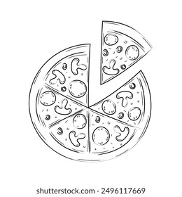 Boceto dibujado a mano de pizza. Ilustración vectorial de línea de arte en blanco y negro aislada sobre fondo blanco.