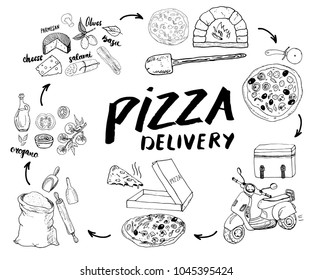 Pizza hand drawn sketch set. Pizza preparation and delivery process with flour and other food ingredients, paper box, oven and kitchen tools, scooter, pizza bag design template. Vector illustration.