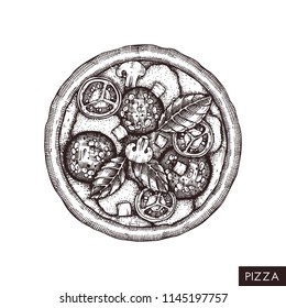 Pizza hand drawn sketch. Vector food drawing. Engraving style Pizza with spicy salami. Italian kitchen illustration.
