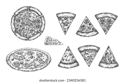 Pizza Hand Drawn Sketches Set. Italian Food Vector Illustrations Collection. Natural Italian Cuisine Doodle. Isolated