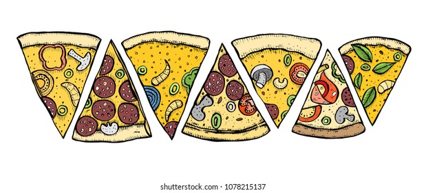 Pizza hand drawn vector illustration. Pizza slices in pieces of corners. Design template.