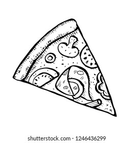 Pizza hand drawn vector illustration. Pizza slices in pieces of corners. Design template.