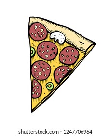 Pizza hand drawn vector illustration. Pizza slices in pieces of corners. Design template.